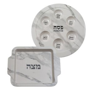 סט קערת פסח ומצה במבוק דמוי שיש לבן