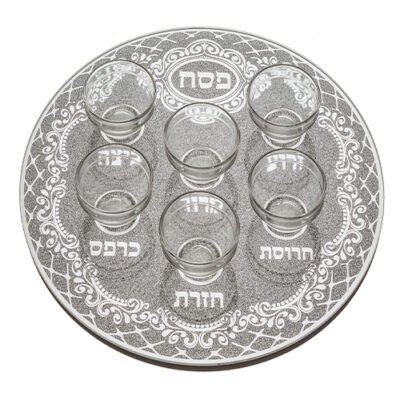 קערת פסח זכוכית מהודר גליטר עם 6 בומצים 36 ס"מ