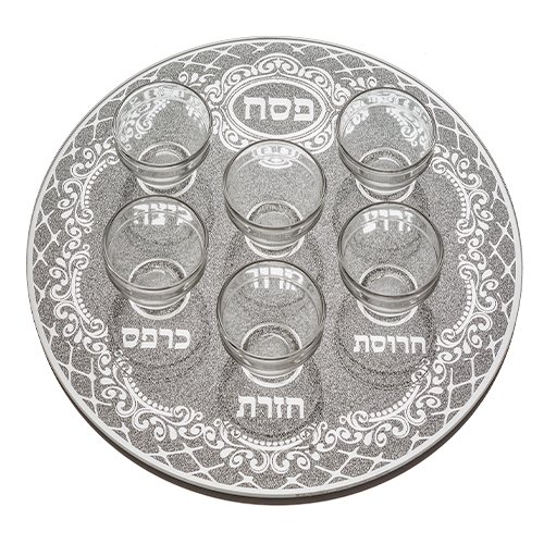 קערת פסח זכוכית מהודר גליטר עם 6 בומצים 36 ס"מ