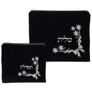 סט טלית תפילין קטיפה כחול כהה עם ריקמה 36X29 ס"מ