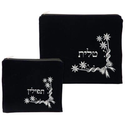 סט טלית תפילין קטיפה כחול כהה עם ריקמה 36X29 ס"מ