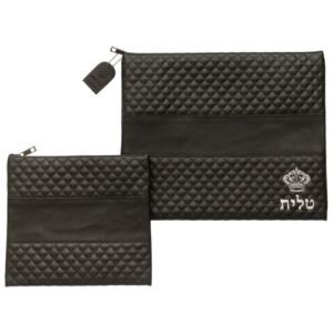 סט טלית תפילין דמוי עור שחור אותיות בולטות "כתר" כסף 36X29 ס"מ