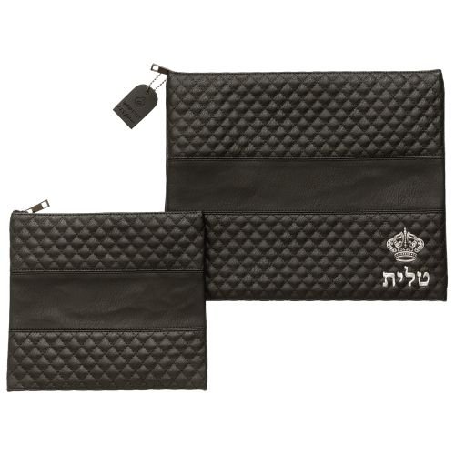 סט טלית תפילין דמוי עור שחור אותיות בולטות "כתר" כסף 36X29 ס"מ