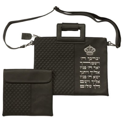 תיק מפואר לטלית דמוי עור שחור אותיות בולטות "וי