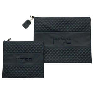 סט טלית תפילין כחול כהה דמוי עור עם ריקמה 36X29 ס"מ