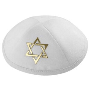 כיפה אולטרא סוויד לבן 19 ס"מ "מגן דויד" זהב ומקום