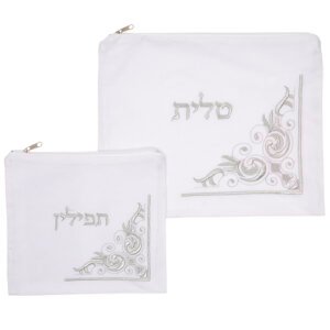 סט טלית תפילין קטיפה לבנה עם ריקמה 36X29 ס"מ