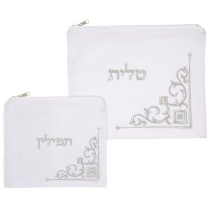 סט טלית תפילין קטיפה לבנה עם ריקמה 36X29 ס"מ
