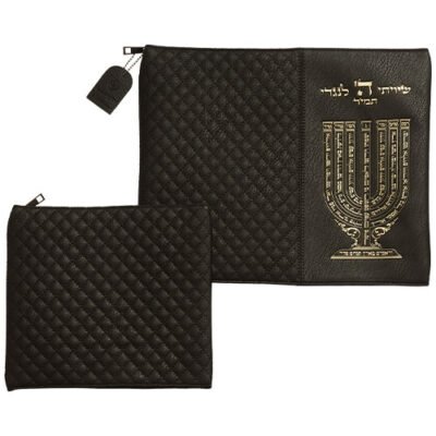 סט טלית תפילין דמוי עור שחור אותיות בולטות "שיויתי" זהב 36X29 ס"מ