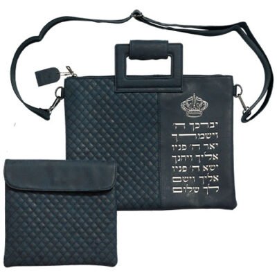 תיק מפואר לטלית דמוי עור כחול אותיות בולטות "יב