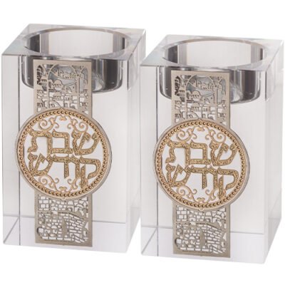 זוג פמוטי קריסטל מרובע עם פלקטה "ירושלים" 8 ס"מ