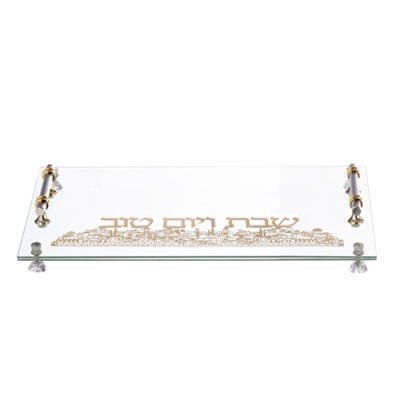 מגש חלה מהודר מזכוכית עם פלקטה "ירושלים" 30X45 ס"מ