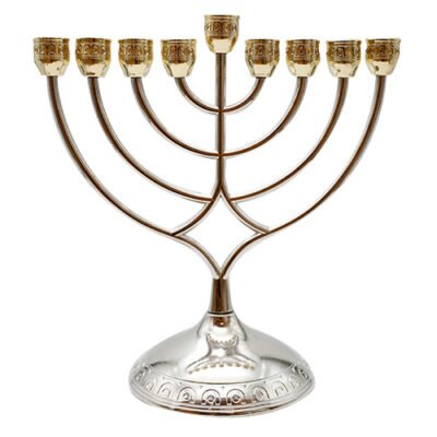 חנוכייה מתכת מהודרת עם קנים זהב 28 ס"מ
