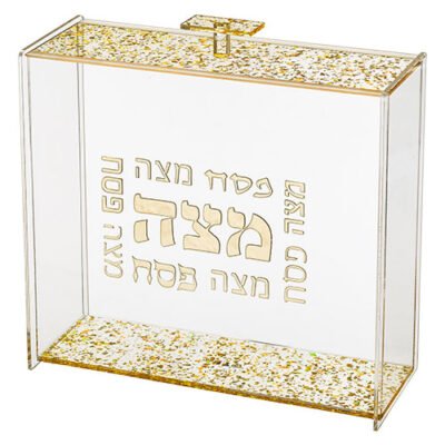 כלי למצה מפרספקס שקוף עם נצנצים זהב 21x23 ס"מ