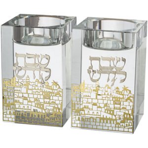 זוג פמוטי קריסטל מרובע עם פלקטה "ירושלים" 8 ס"מ