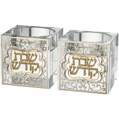 זוג פמוטי קריסטל מרובע עם פלקטה "עיטור" 5 ס"מ