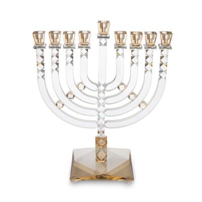 חנוכייה קריסטל שקוף זהב 35 סמ