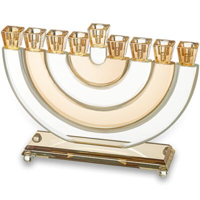 חנוכיה קריסטל גוף פסים חצי עיגול שקוף זהב 25 סמ