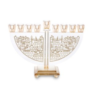חנוכייה קריסטל עם פלקטה זהב 22 סמ