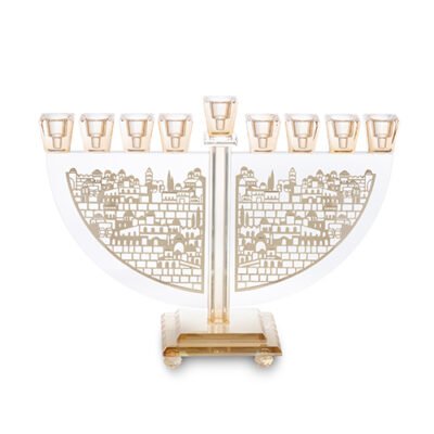 חנוכייה קריסטל עם פלקטה זהב 22 סמ