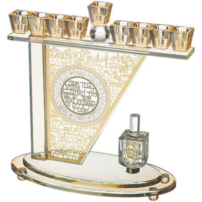 חנוכייה קריסטל מהודרת עם פלקטה ואבנים 27X28 ס"מ