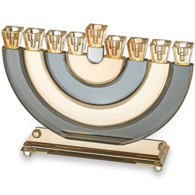 חנוכיה קריסטל גוף פסים חצי עיגול שחור זהב 25 סמ