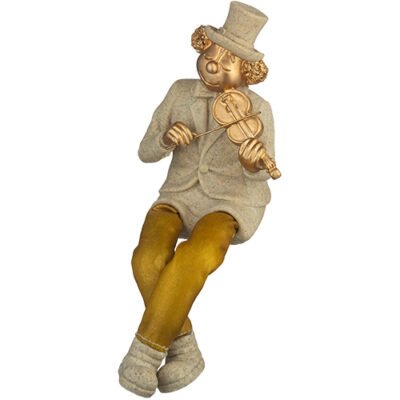 ליצן יושב מפוליריזן עם רגלי בד כסף מנגן בכינור