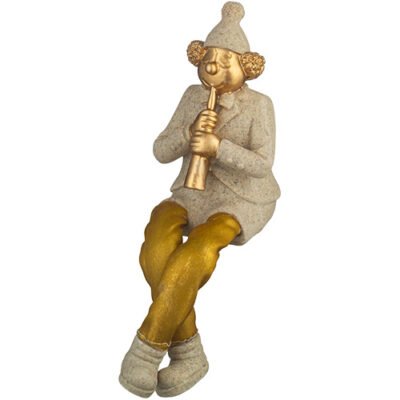 ליצן יושב מפוליריזן עם רגלי בד מנגן בקלרינט