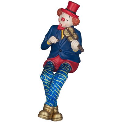 ליצן יושב מפוליריזן צבעוני עם רגלי בד כסף מנגן בכינור