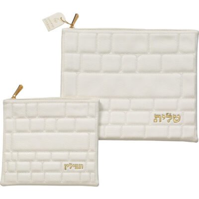 סט טלית תפילין פיו כותל לבן אותיות בולטות זהב