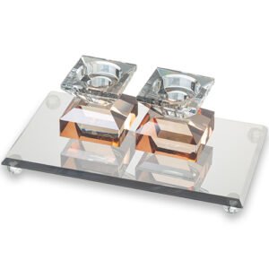 סט שבת פמוטי קריסטל 7סמ עם מגש רוז גולד כחול כהה