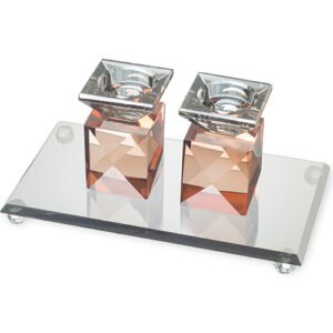 סט שבת פמוטי קריסטל 9סמ עם מגש רוז גולד כחול כהה