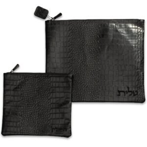 סט טלית תפילין דמוי עור שחור עם ריקמה 39X31 ס"מ