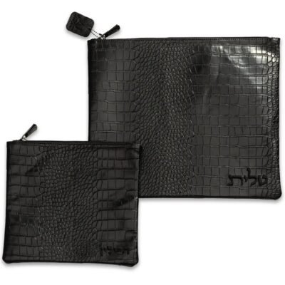 סט טלית תפילין דמוי עור שחור עם ריקמה 39X31 ס"מ