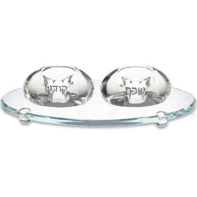 פמוטים קריסטל 4 ס"מ עם מגש קריסטל 24 ס"מ