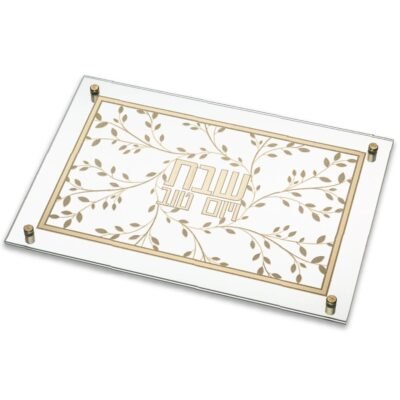 מגש חלה זכוכית עם פלקטה זהב "פרחים" 42X29 ס"מ