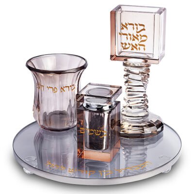 סט הבדלה קריסטל רוז גולד עם מגש שחור עגול 20סמ