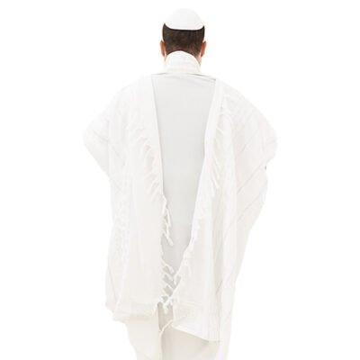 טלית "מופת" חתנים גודל 60 - 185x140 ס"מ פסים כסף עם עטרה פיו